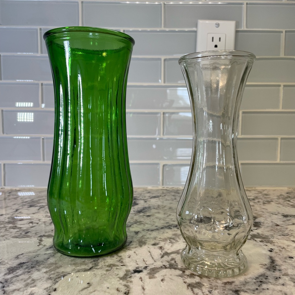 Vintage Green and Clear Glass Vase Set
